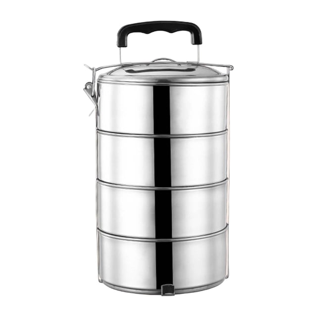 Adult Lunch Box Stackable Lunch Box with Handle, Microwave Stainless Steel Bento Lunch Container, Food Lunch Container for Outdoor Picnic 4 layer. A four-tier stainless steel lunch box with a polished finish, featuring a black handle on top for portability. Each tier has a separate lid with a secure locking mechanism to ensure leakproof storage. Suitable for use in microwaves and ovens, ideal for adults to carry meals for picnics, office, or camping.