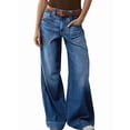 thumbnail image 1 of Womens Wide Straight Leg Mid Rise Baggy Pocket Denim Jeans Without Belt Blue XXL, 1 of 9