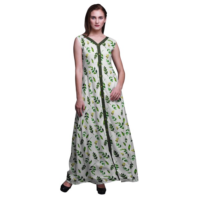 Bimba Feuilles Femmes Imprimé Fente avant Sans Manches Maxi Été Longue Robe Décontractée-Xx-Grand