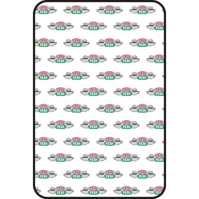 Friends 'Central Perk' Logo Plush Throw 50" x 70" featuring a white background with a repeating pattern of the Central Perk logo from the Friends TV show, including steaming coffee cups and red and green lettering, made of soft plush fabric ideal for warmth and decorative use in home bedding and living spaces.