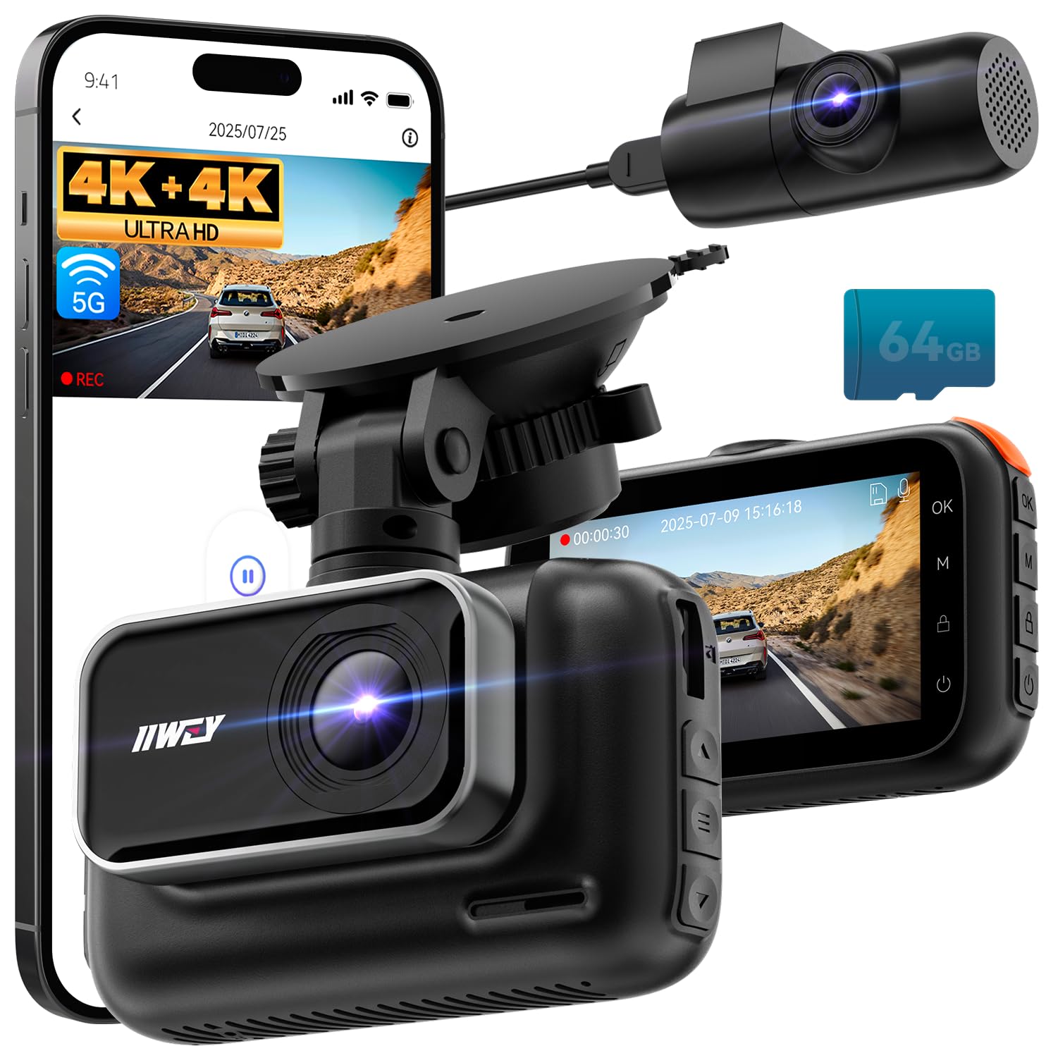 IIWEY 4K+4K Dash Cam Front and Rear, 5G Wi-Fi 64GB SD Card Included, STARVIS Dash Camera for Cars, 3 Inch IPS Screen, Dual Channel HDR Night Vision,