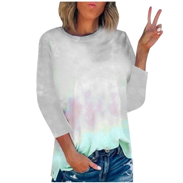 RKSTN Chandails pour Femmes Manches Longues Mode Hauts à Col Rond Imprimés Teinture sur Nœuds Décontractés Sortie Blouses Amples
