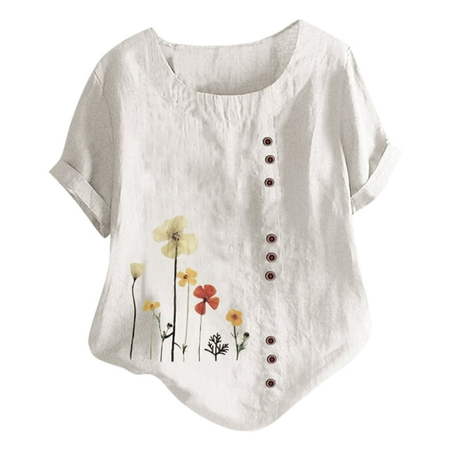 CHOK Plus Haut Habillé Décontracté pour Femme en Coton et Lin, avec Col Rond, Manches Courtes et Imprimé floral avec accents de Boutons. le design Léger et Respirant Offre une Coupe Ample, Convient pour l'Été. la blouse Blanche Est Ornée de Motifs Floraux Colorés et d'Une Rangée de Boutons Décoratifs sur le devant, Créant un Style Tendance et Polyvalent. Idéal à Agencer avec des jeans, des leggings Ou des Jupes pour des Sorties Décontractées, le Travail Ou les Voyages.