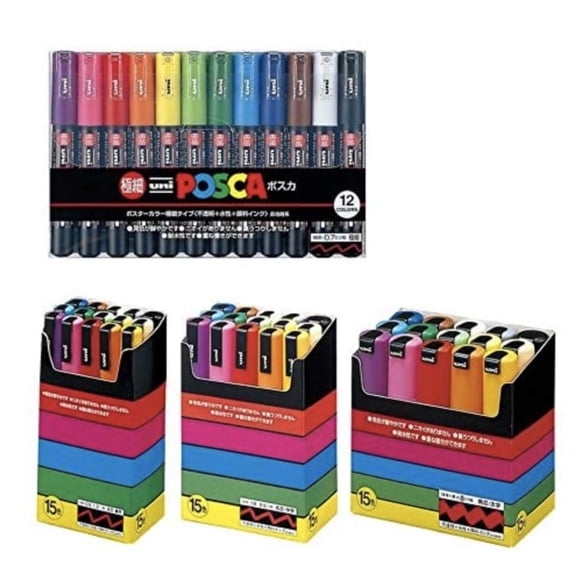 (4 types) - Uni-posca Paint Marker Pen BUNDLE SET , Mitsubishi Pencil Uni Posca Poster Colour Marking Pens Extra Fine Point 12 Colours , Fine 15 , Medium 15 , Bold 15 - Japan Import