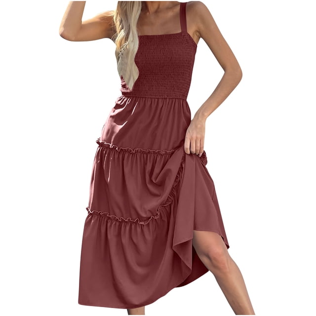 Timegard Robes d'Été pour Femmes Sans Manches à Volants Col Carré Couleur Unie Robe d'Été de Plage Décontractée Smockée. une Robe d'Été Sans Manches de Couleur Unie Rouille avec Encolure Carrée Smockée, design à Volants à Étages et Tissu Léger et Respirant, Offrant une Coupe Confortable pour les Tenues d'Été Décontractées Ou les Sorties à la Plage.