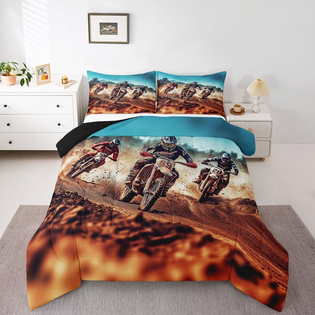 Erosebridal 3D Dirt Bike Bedding Full Comforter Set, Motocross Motorcycle Rider Down Comforter, Extreme Sports Room Decor , Reversible 3pcs