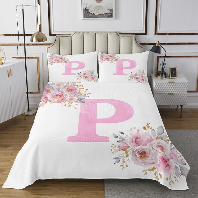 Erosebridal Ensembles de Courtepointe Initiales A-Z de Rêve pour Lit Simple, Ensemble de Lit Lettre Initiale P, Déco Rose Rose