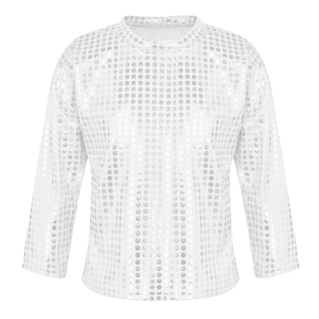 MIASHUI T-Shirt à Paillettes pour Garçons et Filles, Col Rond, Manches Longues, pour Carnaval, Argent, 8-9 Ans