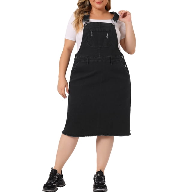 GRACE & GRANDEUR Robe Salopette en Jean Denim à Bretelles pour Femme Grande Taille, Délavée, Dos Nageur, Noire 4X