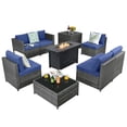 thumbnail image 1 of Patiojoy 9 PCS Rattan Dinning Set Wicker Sofa w/Propane Gas Fire Pit 60,000 Btu Heater Navy, 1 of 10