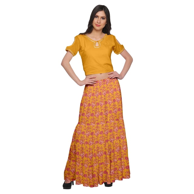 Moomaya Printed Two Piece Flared Skirt And Crop Top Rayon Ethnic Set For Girls