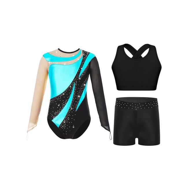 Zaldita Kids Girls Gymnastics Leotards Shiny Rhinestones Mesh Back Keyhole Unitards Jumpsuits with Crop Tops Shorts Turquoise 8