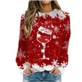 thumbnail image 1 of Besolor Chandail à Col Rond de Noël pour Femmes, Imprimé de Verre de Vin, Manches Longues, Chandails Mode, Hauts Graphiques Flocon de Neige, 1 of 4