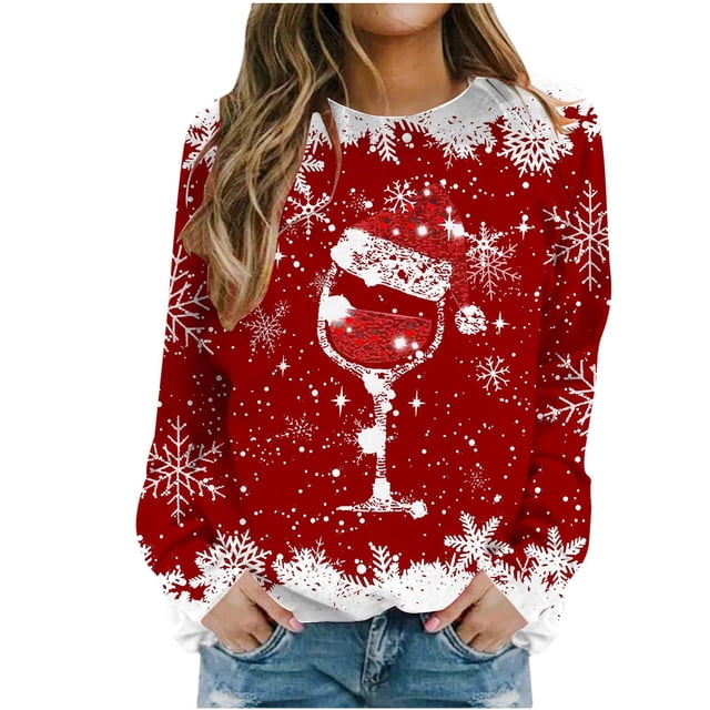 Besolor Chandail à Col Rond de Noël pour Femmes, Imprimé de Verre de Vin, Manches Longues, Chandails Mode, Hauts Graphiques Flocon de Neige