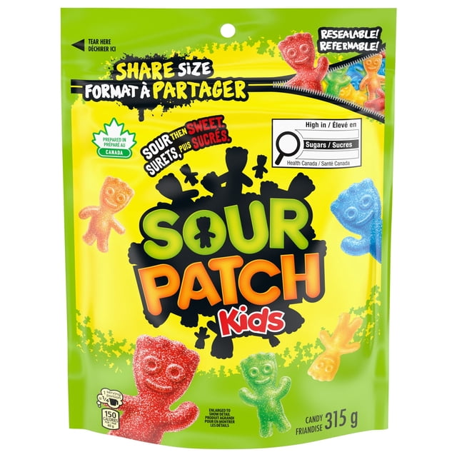 Sour Patch Kids Original Candy Sac Refermable Format Partage avec des Bonbons Gélifiés Multicolores en Forme de Bonbons Ludiques pour Enfants en Rouge, Vert, Bleu, orange et Jaune, avec une Saveur Sure Puis Sucrée, Emballage de 315 g Préparé au Canada, Étiqueté Riche en Sucres, Convient pour les Collations Ou les Gâteries de Fête.