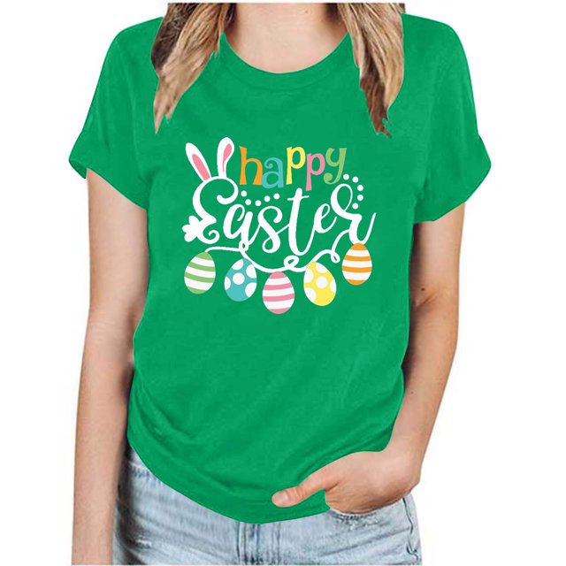 RKSTN Tops for Women 2024 Casual Été en Vrac Grande Taille Pâques Blouse Imprimée Graphique Tops Mode Col Rond Manches Courtes T-shirt