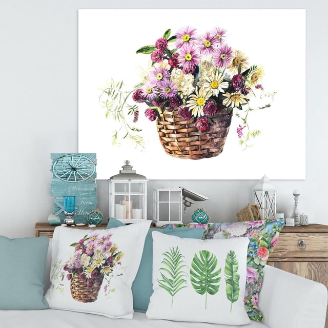 Designart Bouquet From Meadow Flowers In The Basket Canvas Wall Art depicting a traditional floral arrangement of pink, white, and yellow meadow flowers in a woven basket, printed on premium cotton canvas with gallery-wrapped sides, ready to hang and ideal for adding cottage-style charm to home décor.