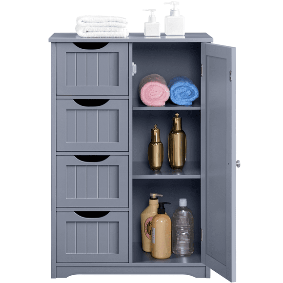 Fullfurnique Modern Wooden Bathroom Floor Cabinet with 4 Drawers & Cupboard, Gray