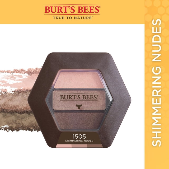 Burt’s Bees 100% Natural Eye Shadow Palette with 3 Shades in Shimmering Nudes, a hexagonal compact featuring light pink, medium taupe, and dark brown shimmer shades. This talc-free mineral makeup nourishes skin with bamboo, honey, and vitamin E, resists creasing and fading, and is safe for sensitive eyes and contact lens wearers, suitable for natural contouring and definition.