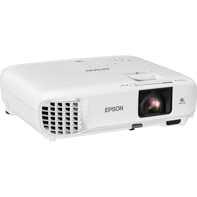 Epson PowerLite X49 3LCD XGA Classroom Projector featuring a compact white design with a front-facing lens and ventilation grille. This projector offers 3,600 lumens of brightness, native XGA resolution, and a 4:3 aspect ratio. It includes HDMI and USB connectivity, a built-in Moderator function for up to 50 users, and a long lamp life of up to 12,000 hours in ECO Mode. Ideal for classroom collaboration and dynamic presentations.