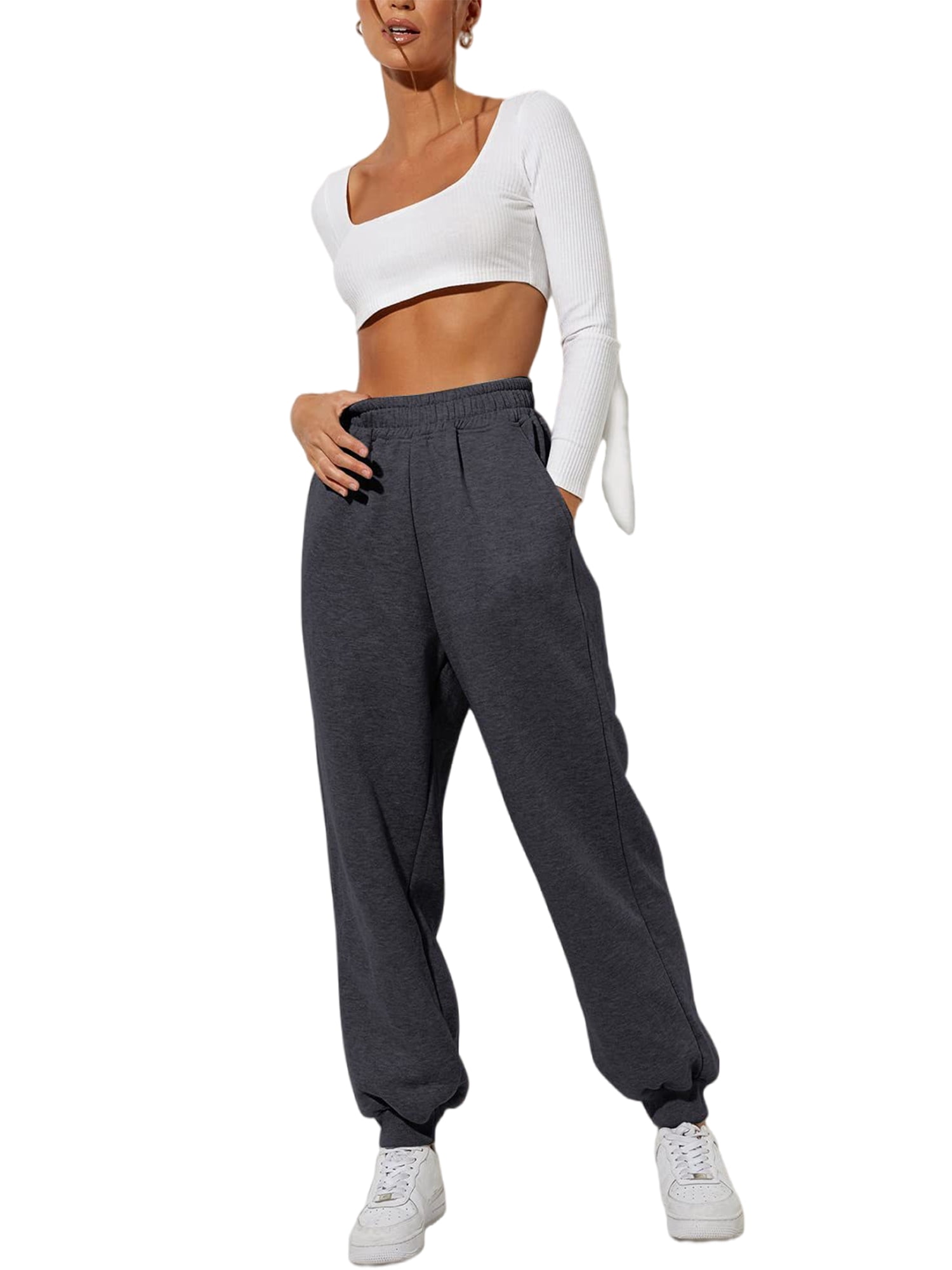 Innerwin Jogger Pants With Pockets Women Trousers Sports Solid Color Lounge Sweatpants Dark Gray S