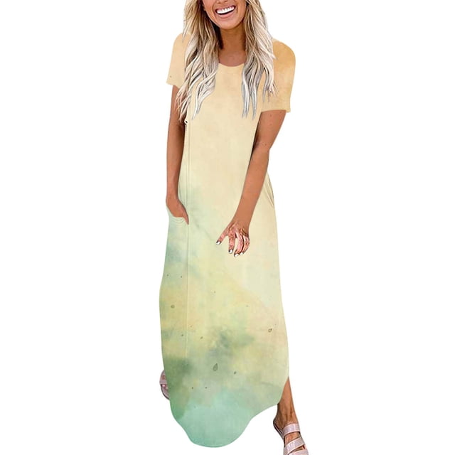 Ovzne Robes pour Femmes 2025 Robe pour Femme Mode Robe Décontractée Imprimée à Manches Courtes à Col Rond avec Poches Robe de Printemps Robe à Manches Courtes Imprimée Liquidation