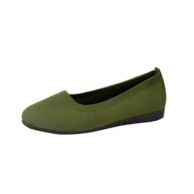 Womens Casual Shoes Large Size Knit Solid Color Simplicity Soft Sole Round Toe Flat Bottom Slip on Lightweight Comfortable Breathable Mesh Walking Shoes Army Green