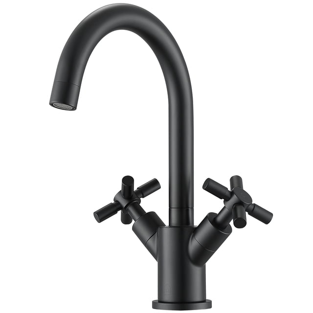 Ancona Prima Colori Single Hole Double Cross Handle Bathroom Faucet in matte black with a sleek arched spout and dual cross handles for precise water flow control. Made of lead-free solid brass with a premium-grade ceramic cartridge. Dimensions: 7'' x 6'' x 10.13''. Certifications include cUPC, NSF 61-9, NSF 372, and CEC compliance. Deck plate sold separately.
