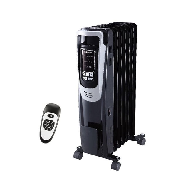 Ecohouzng Digital Oil Filled Heater with Remote showing a black and grey oil-filled radiator heater with digital controls, adjustable thermostat, safety tip-over switch, and caster wheels for portability, accompanied by a remote control for easy heat and temperature adjustments, suitable for efficient space heating in small to medium rooms.