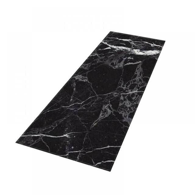 POINTERTECK Marble Kitchen Mat and Rugs Anti Fatigue Cushioned Kitchen Floor Mat Non-Slip Kitchen Mats Set for Home Office Laundry, measuring 15.75 x 23.6 inches. The mat features a black marble design with white veining, a microfiber surface for comfort, and a rubber backing for slip resistance. Suitable for kitchens, bathrooms, and entryways, it is water absorbent, easy to clean, and has a low-profile design to prevent tripping or door obstruction.