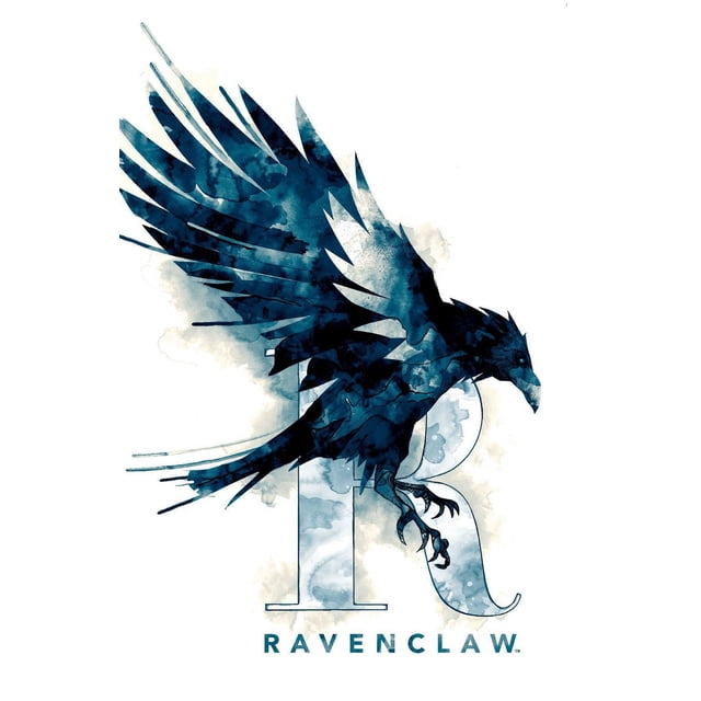 Le Monde des Sorciers : Harry Potter - Affiche Murale du Logo de la Maison Illustrée Serdaigle, 14,725 Po x 22,375 Po Représente un Corbeau Aquarelle Bleu avec des Ailes Déployées Perché sur une Grande Lettre R avec une texture Aquarelle Assortie, Ensemble sur Fond Blanc avec Texte « Serdaigle » en Dessous, Convient à la Décoration Murale de Chambre Ou de Dortoir.
