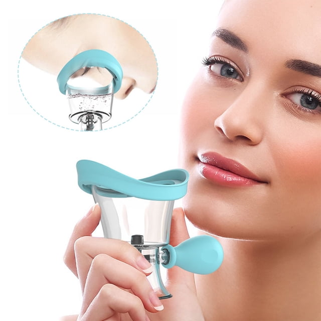 Mareep Portable Eye Rinse Cup with squeezable clear silicone design and macaron blue ergonomic frame. The image shows the cup held near the face, demonstrating its use for precise eye hydration and fatigue relief. Features include a soft silicone edge for comfort, a squeezable bulb for controlled irrigation, and portability for spa-like eye care anytime.