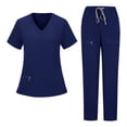 thumbnail image 1 of Nfurl Ensemble d'Uniforme d'Infirmière pour Femmes, 2 Pcs, Hauts à Manches Courtes à Col en V avec Cordon de Serrage, Pantalon à Taille Élastique, Uniforme d'Infirmière, Ensemble Assorti, Bleu Marine, TG, 1 of 4