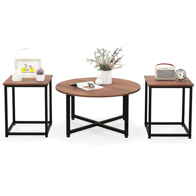 Costway Ensemble de 3 Tables Basses Table Basse Ronde et 2 Tables d'Appoint Carrées Cadre en Métal Noyer