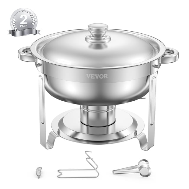 VEVOR Ensemble de buffets Ronds de 5 Qt, Lot de 2, en Acier Inoxydable avec Fini Argenté. Comprend Deux Plats Ronds Anti-Frottement avec Couvercles, Porte-Carburant, Plateaux d'Égouttement et une Pince-Repas Multifonctionnelle en Acier Inoxydable. Idéal pour le service Traiteur, les buffets et le service Alimentaire d'Événements, l'Ensemble Présente une construction durable et Résistante à la Rouille avec une Capacité de Poêle de 5 Quarts et une Capacité de Poêle à Eau de 7 Quarts. Conception Compacte et Peu Encombrante avec un Savoir-Faire Élégant, Convient