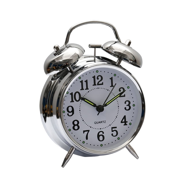 HITO™ 4' Silent Quartz Analog Twin Bell Alarm Clock with Nightlight and Loud Alarm (NO16). The clock features a classic twin bell design with a polished metallic finish, a white clock face with bold black numerals, and luminous green-tipped hands for visibility in low light. Powered by 1x AA battery (not included), it is compact and suitable for bedside or desktop use.