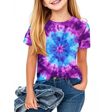 VKOYWKM T-Shirts pour Tout-Petites Filles Imprimé Teinture sur Nœuds Manches Courtes Col Rond T-Shirt pour Enfants Coupe Ample Décontracté Mignon Hauts pour Filles 3-14 Ans Filles à Porter Rentrée des Classes