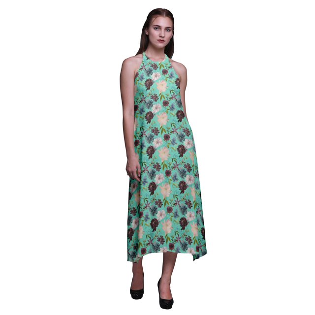 Bimba Robe Décontractée Florale Longue Dos Nu à Col Licou pour Femmes, Robe de Plage Imprimée - Grande
