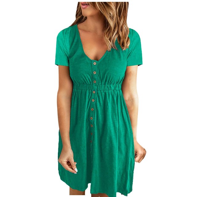 Birdeem Robe Femme Mode Décontractée Confortable Unie à Manches Courtes Col Rond Boutonnée Longueur Genou