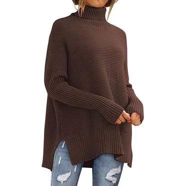 Women'S Oversized Loose Sweater Autumn Batwing Sleeve Ribbed Tunic Sweater Coffee L