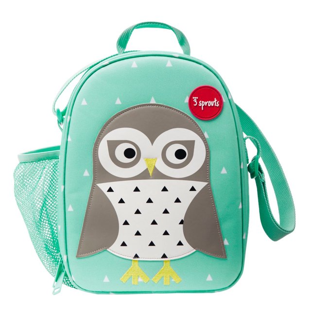3 Sprouts Sac à Lunch Isolé pour Enfants - Fourre-Tout Réutilisable avec Bandoulière, Poignée et Poches, Hibou