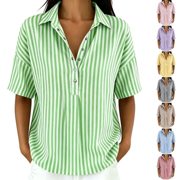 XZNGL T-Shirt à Manches Courtes à Col en V Rayé pour Femmes, Mélange Polyester Spandex, Coupe Décontractée, Haut Décontracté de Tous les Jours, Tissu Léger et Respirant, Encolure Sans Étiquette