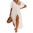thumbnail image 4 of Femmes Maillot de Bain Couvrir Robe Manches Courtes Côté Divisé Bouton vers le Bas Longue Chemise Robe Cardigan Maxi Plage Robe Bleu, 4 of 4