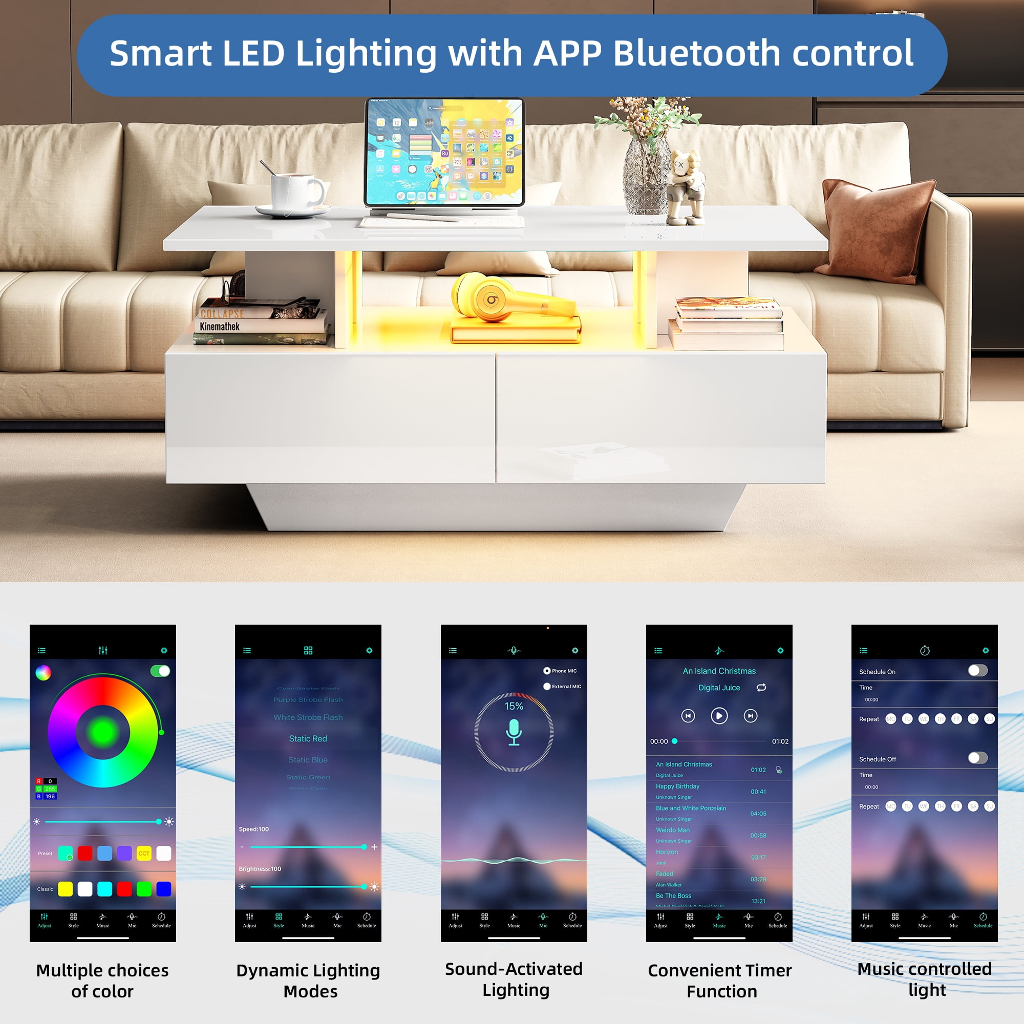 Homy Casa, table basse blanche avec DEL, 2 tiroirs, rangement ouvert et contrôle Bluetooth par appli pour salon