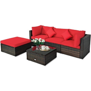 Patiojoy Ensemble de Canapé Sectionnel d'Extérieur en Rotin 5 Pcs pour Patio avec Coussins de Dossier et d'Assise Doux Rouge