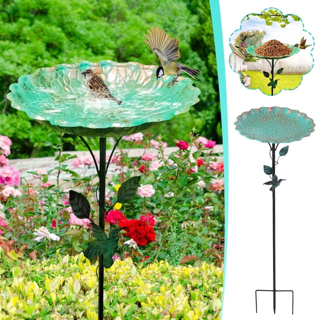 Bird Bath for Outside, Metal Birdbath Freestanding Bird Bath & Birdfeeder with 3-Pronged Base, Using for Outdoors Garden Patio Yard, Green(10.2 x 32.2 Inch)