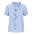 thumbnail image 3 of Pompotops Women's Casual Solid Color Ruffle Collar Long Sleeve Ruffle Shirt Blouse V-Neck Short Sleeve Shirt Tops, 3 of 7