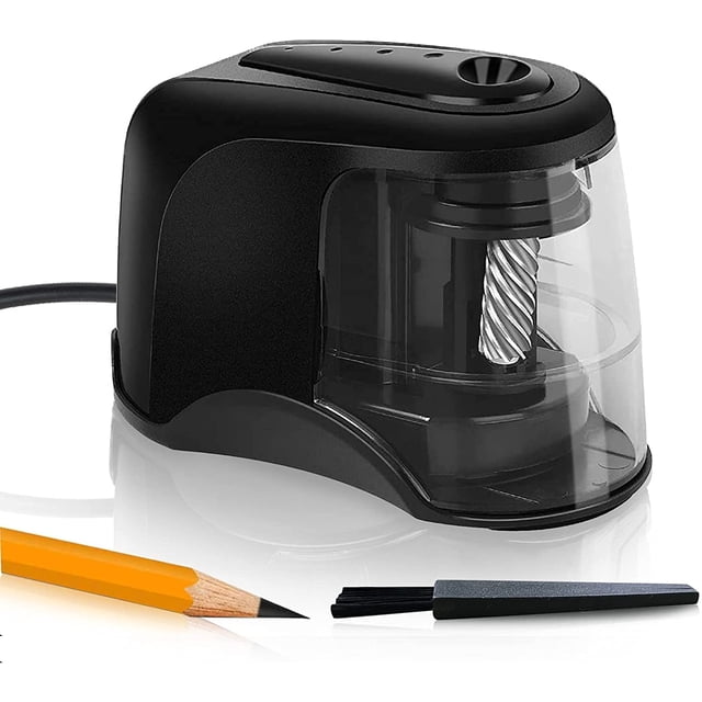 Pencil Sharpener Electric Pencil Sharpeners, Heavy Duty Helical Blade by Biinggo. A compact black electric pencil sharpener with a transparent shavings box, showcasing a durable helical blade. Includes a yellow pencil and a cleaning brush for maintenance. Designed with non-slip pads for stability during use.