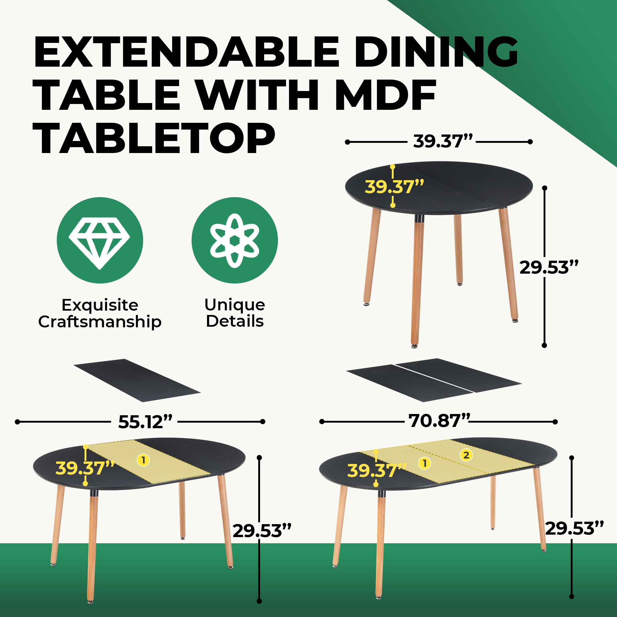 Noble House Table à Manger Ronde Extensible, Pied en Bois, Dessus de Table en MDF Noir, Utilitaire Polyvalent, Noir