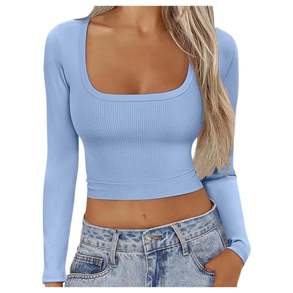 New European And Thread Slim Short Long Sleeve Square Collar T Shirt Female Border Foreign Trade Women'S T-Shirts Light Blue M